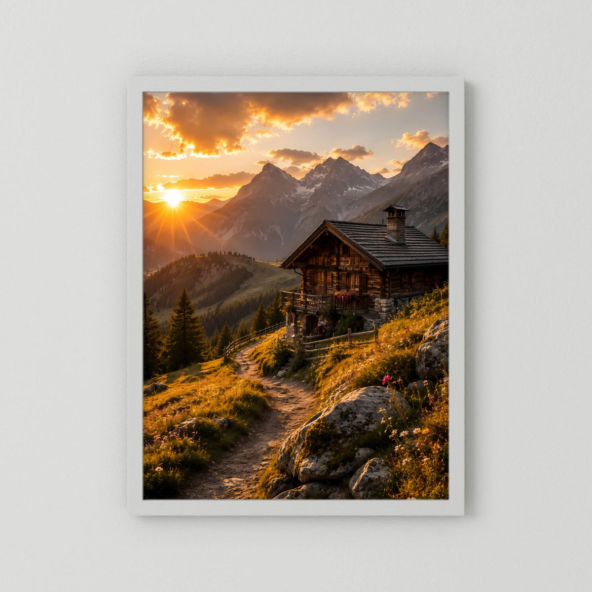 Hochformat-Poster mit weißem Rahmen: Berghütte im Sonnenuntergang, Landschaftsweg