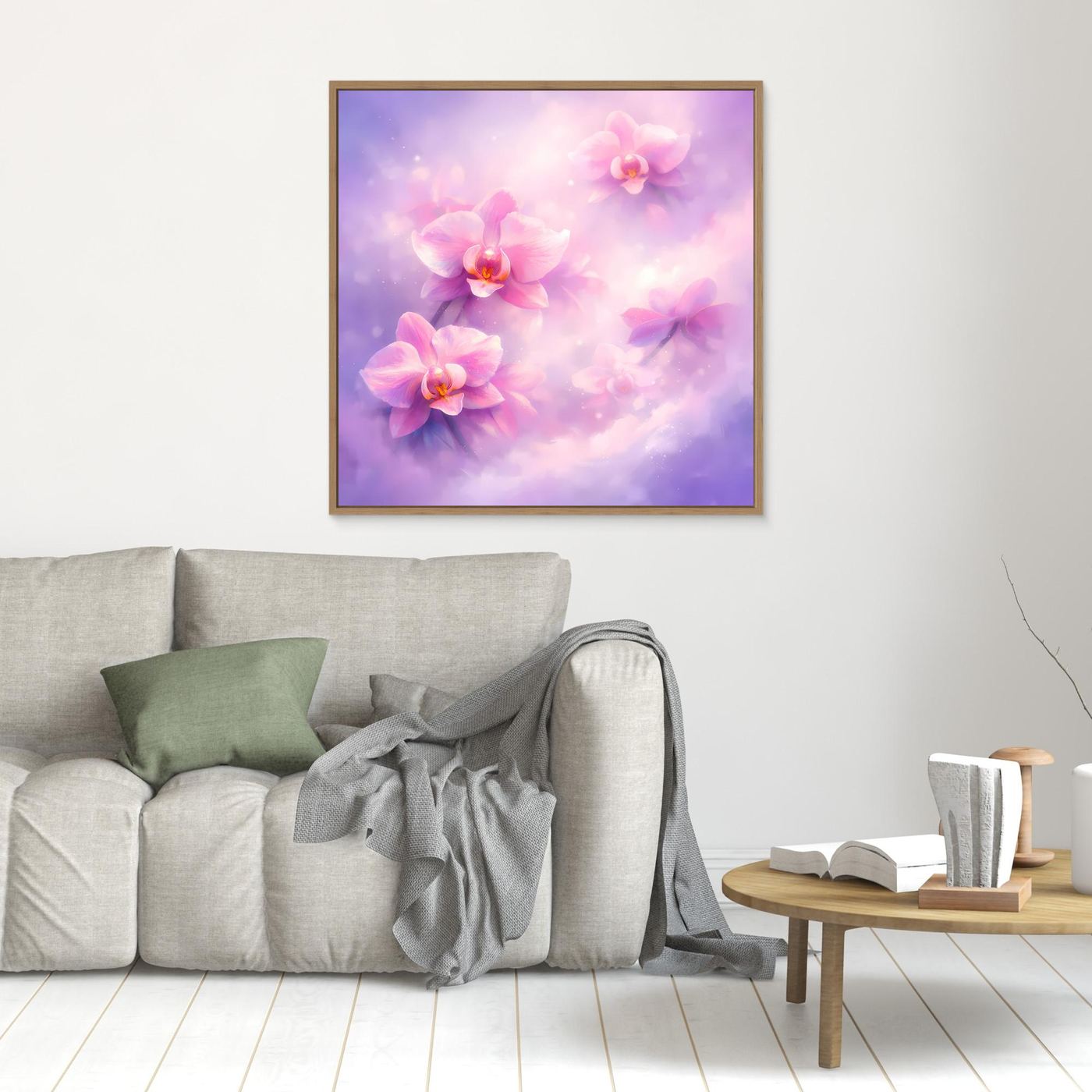 Leinwandbild mit pastellfarbenen Orchideenblüten, brauner Rahmen im Wohnbereich