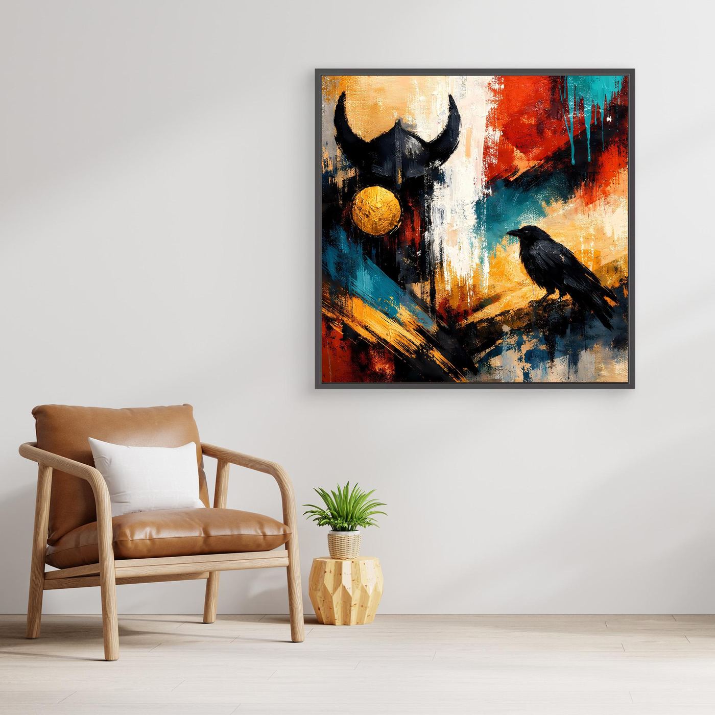 Leinwand-Wandbild, schwarzer Rabe und Odin-Gestalt, abstrakt in Blau, Rot, Gold