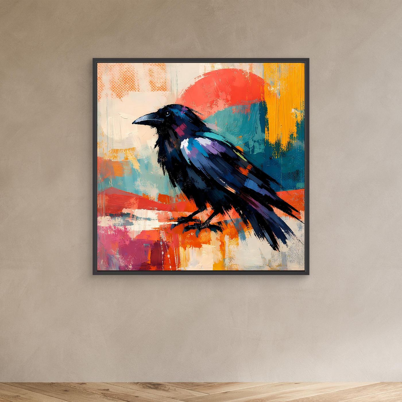 Black framed small colorful abstract raven bird wall canvas with red sun and teal blue