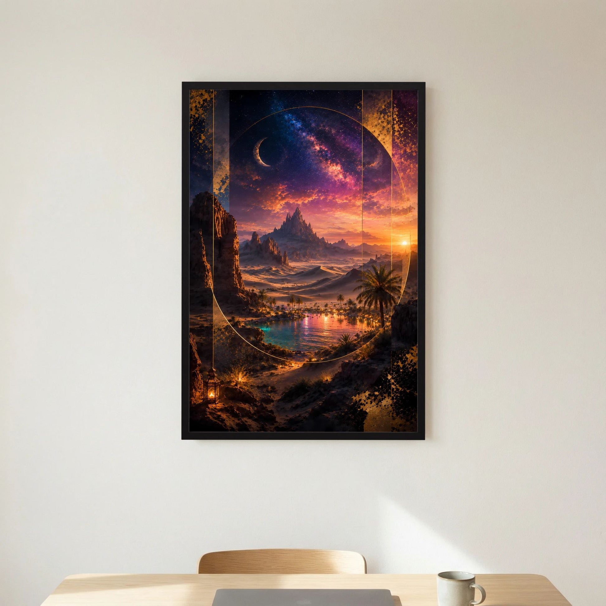 Hochformat-Poster mit Wüstenoase bei Nacht: Mondsichel, Sterne und Sonne im schwarzen Rahmen.