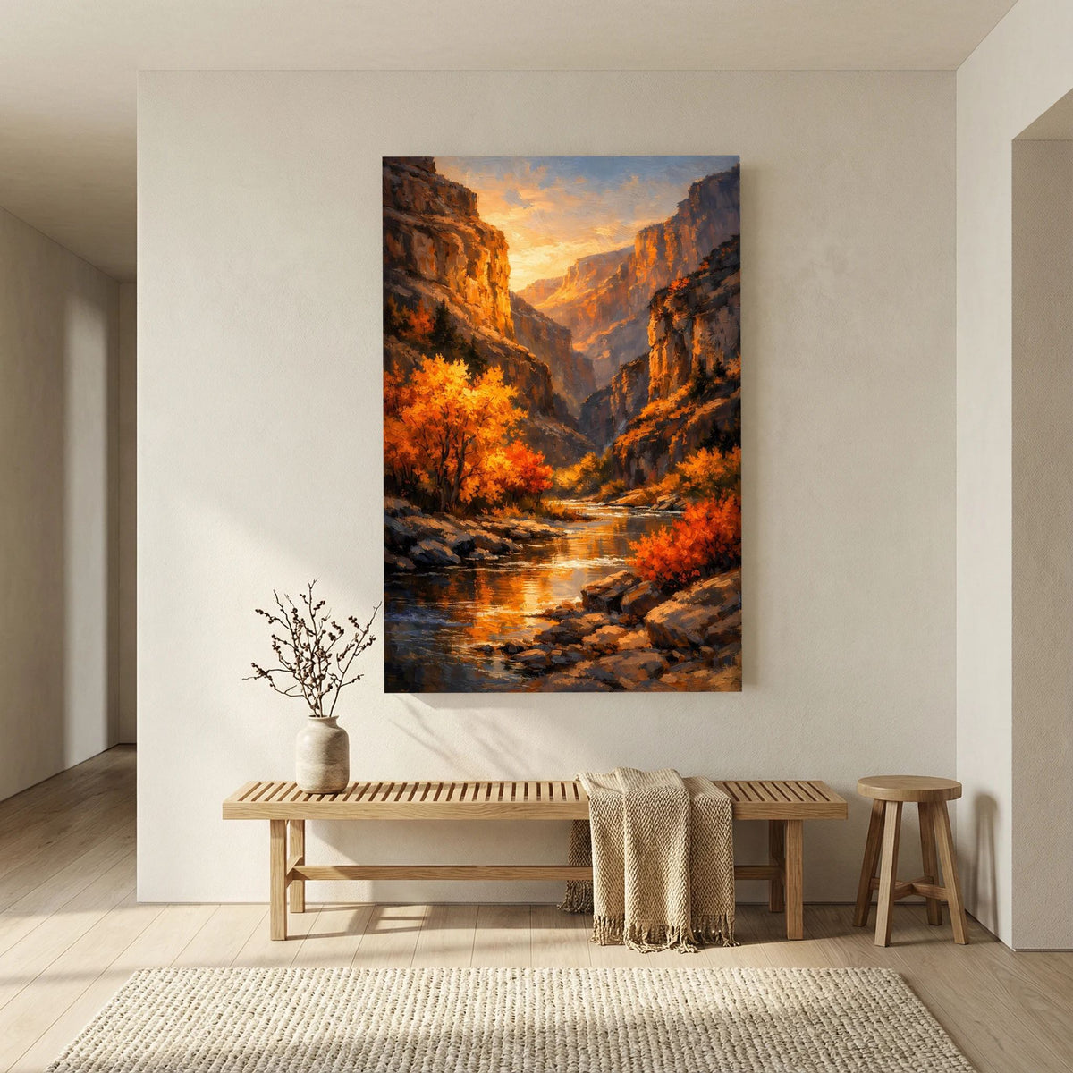 Wandbild mit Canyon-Motiv, Herbstbäume und Fluss im goldenen Sonnenuntergang.