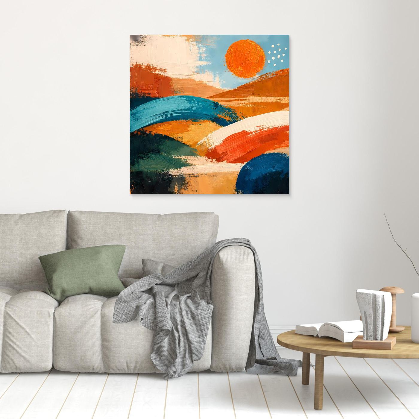 Small canvas wall art, abstract orange and blue hills with orange sun circle