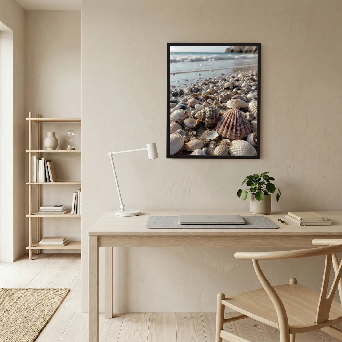 Gerahmtes Poster mit Blick auf Muscheln am Ufer, beige und braun
