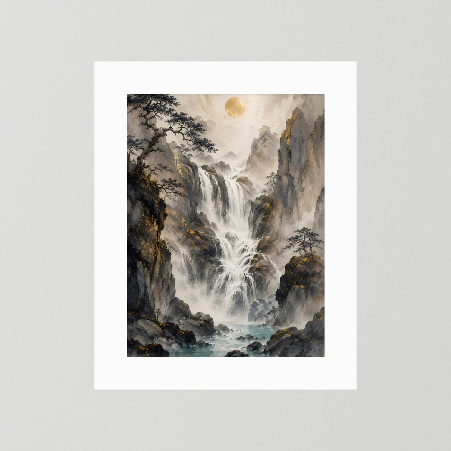 Hochformat-Poster mit Wasserfallmotiv in Berglandschaft, mit weißem Passepartout