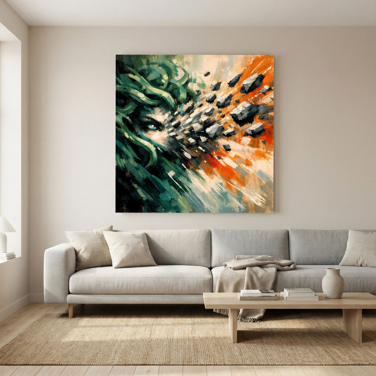 Abstraktes Leinwandbild mit Medusa-Motiv, grün-orangefarbene Pinselstriche auf Sofa