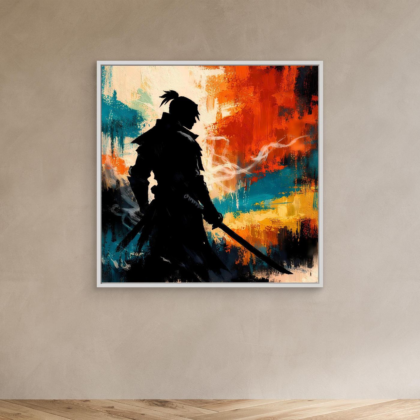 Samurai-Wandbild mit weißem Rahmen, schwarze Silhouette mit Schwert in bunten Pinselstrichen