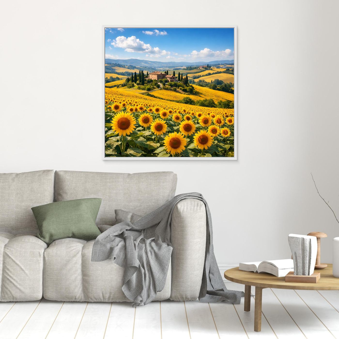 Leinwandbild mit Sonnenblumenfeld und toskanischer Hügellandschaft, weiß gerahmt (klein)
