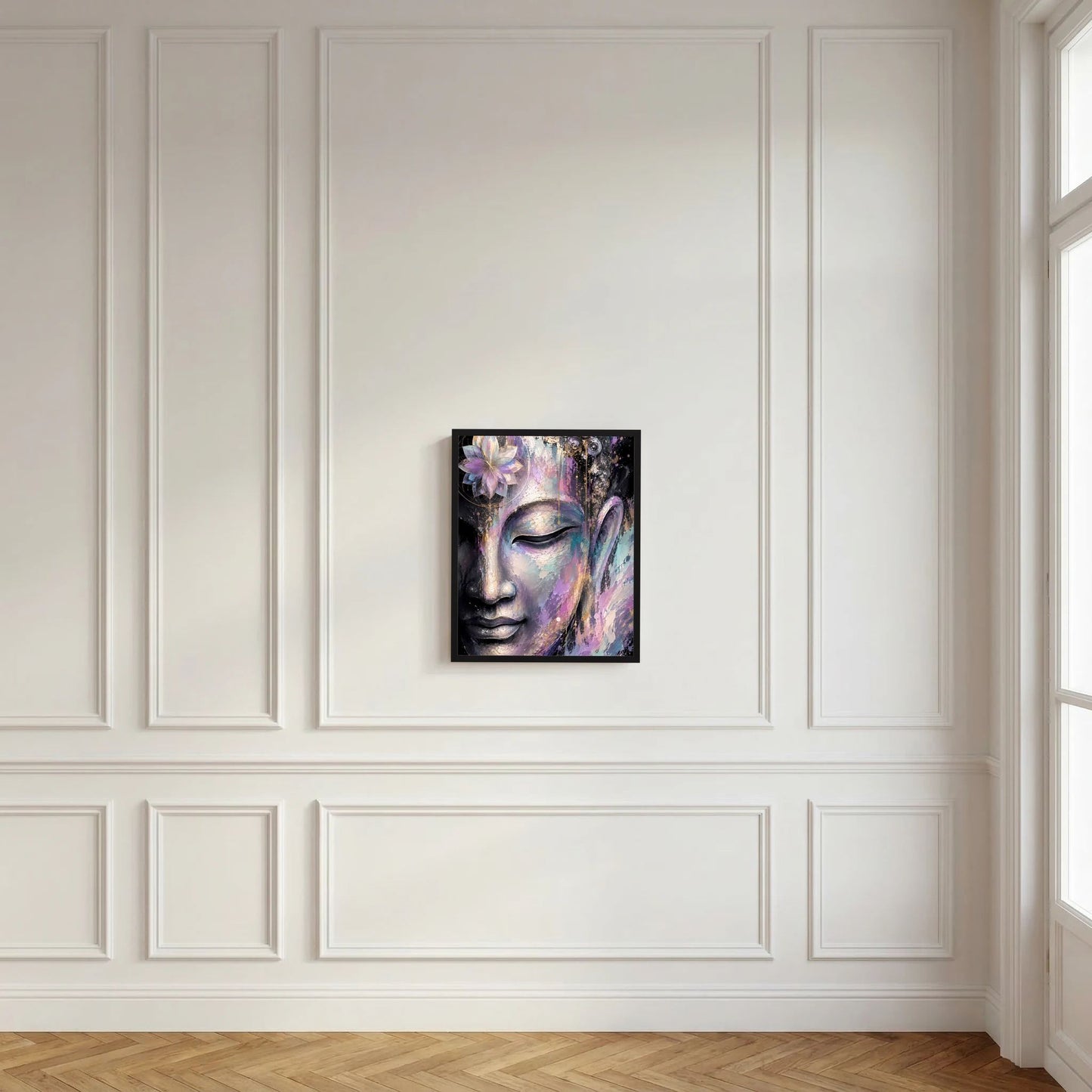 Wandbild: kleines gerahmtes Kunstposter mit Buddha-Gesicht in Pastell und Gold