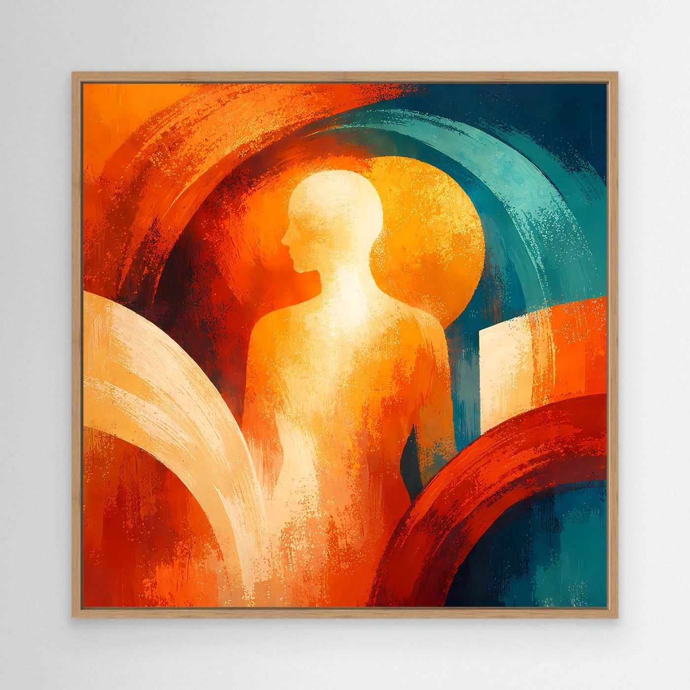 Abstraktes Wandbild mit Figur und orange-blauem Halbkreis, im Eichenholzrahmen