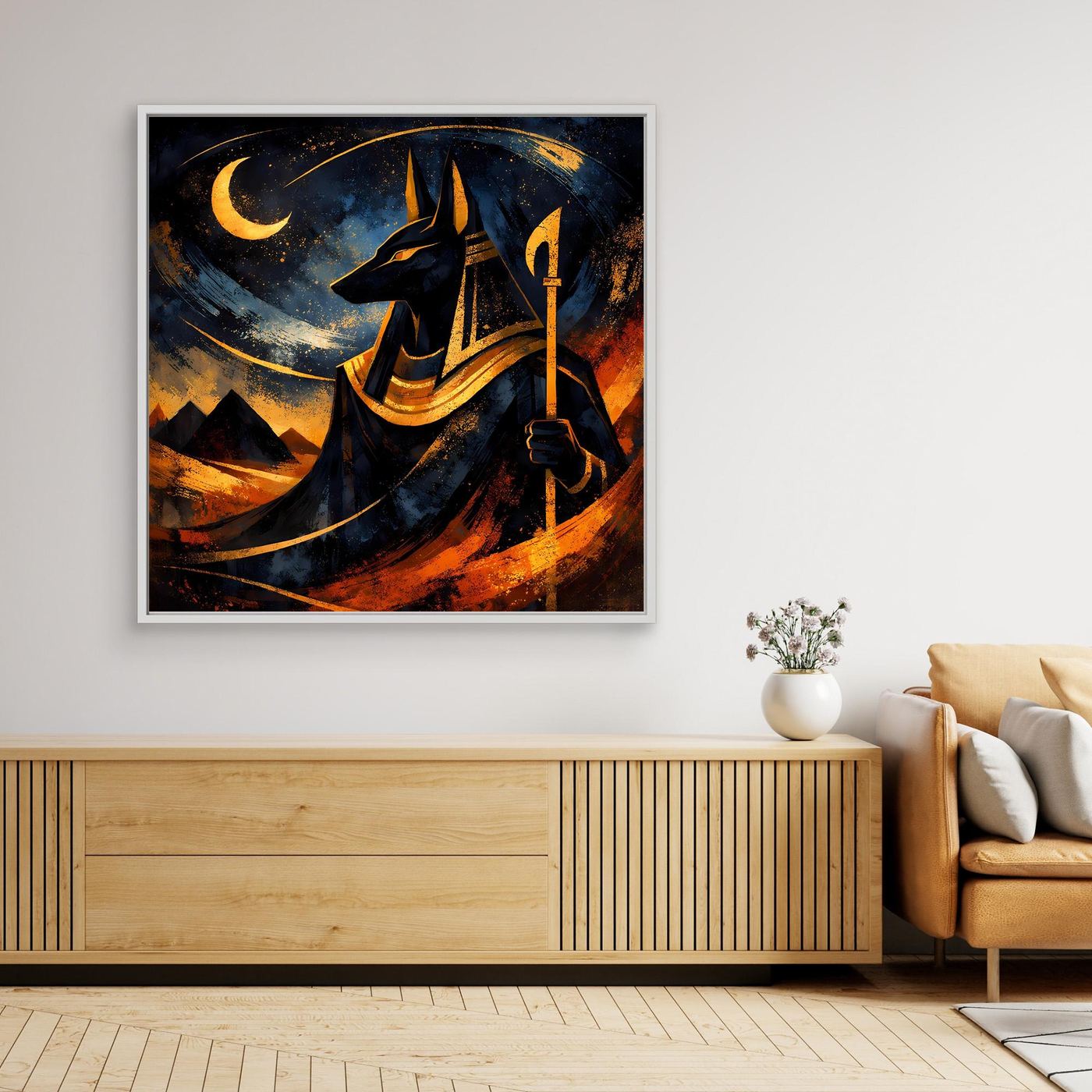 Wandbild mit Anubis im Nachthimmel, Leinwanddruck; silberner Rahmen