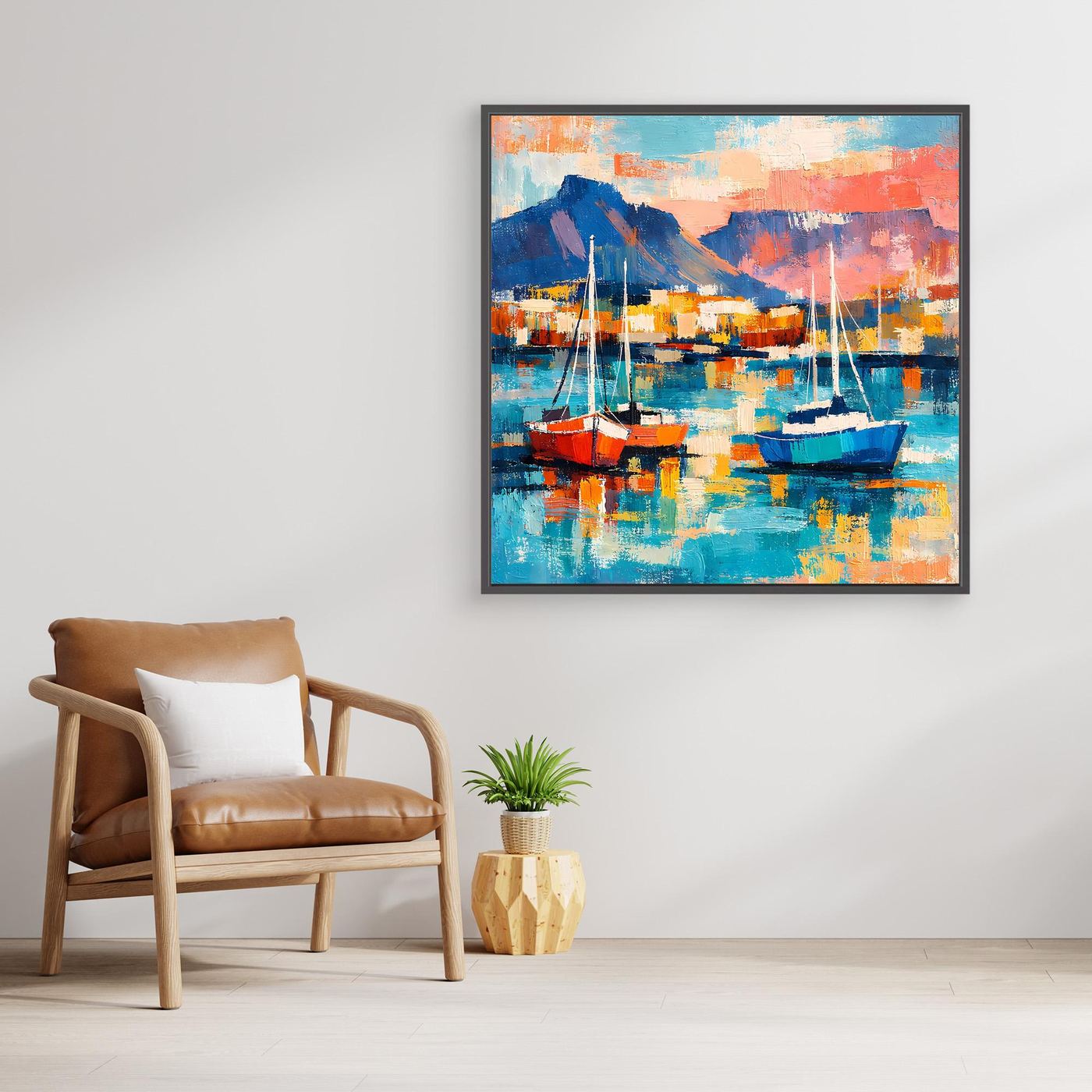 Abstraktes gerahmtes Leinwand-Wandbild mit Segelbooten im Hafen und türkisblauem Wasser