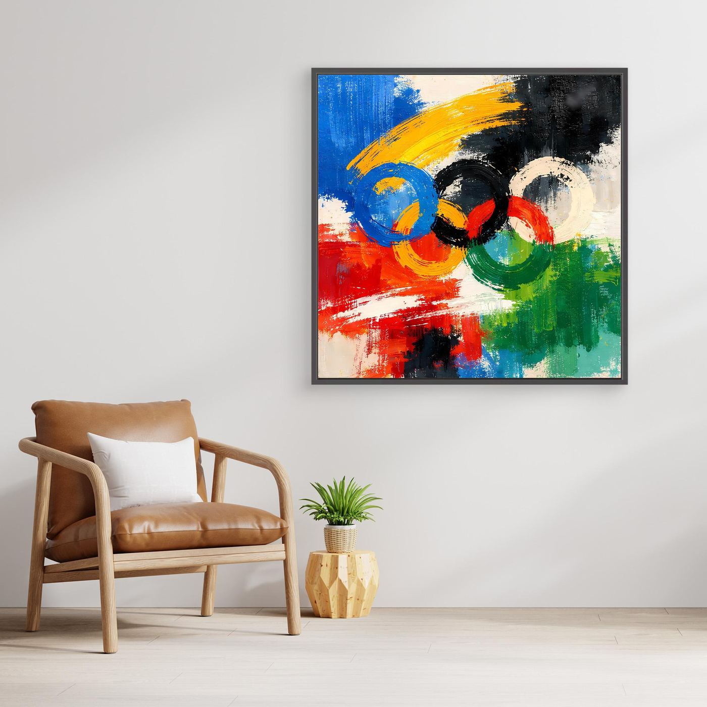 Leinwandbild mit abstrakten Olympischen Ringen in Blau, Gelb, Grün und Rot, mit dunklem Rahmen
