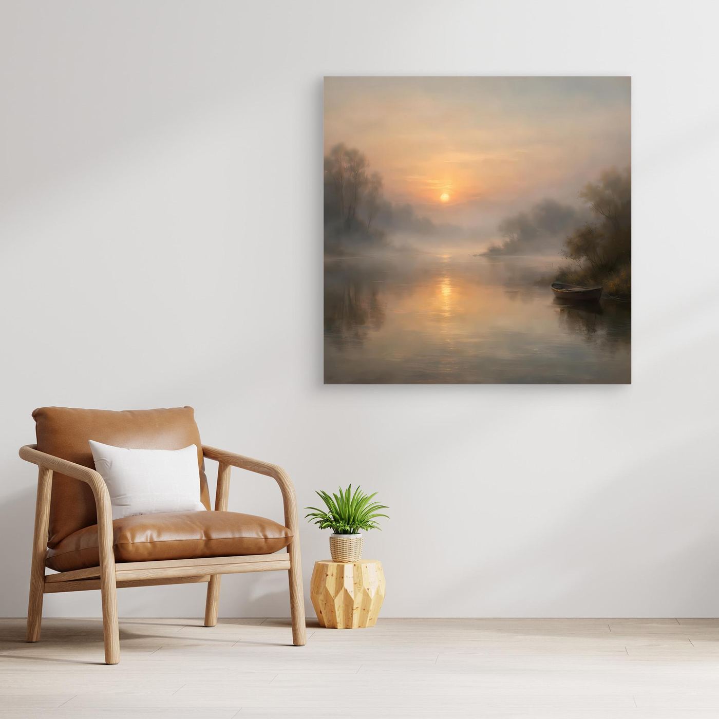 Rahmenloses quadratisches Leinwandbild mit nebligem Fluss und warmem Sonnenaufgang