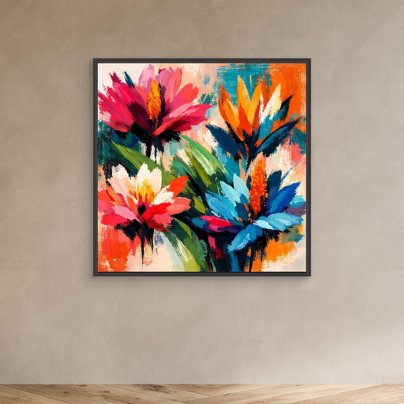 Abstract tropical flower wall art print with colorful blooms in a black frame