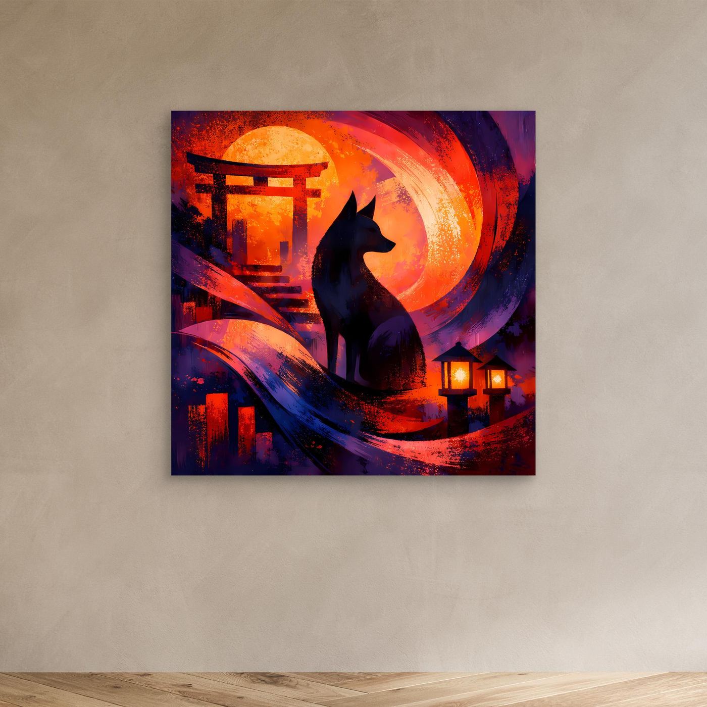 Abstraktes Leinwand-Wandbild ohne Rahmen: Kitsune am Torii, Mondsichel und Laternen
