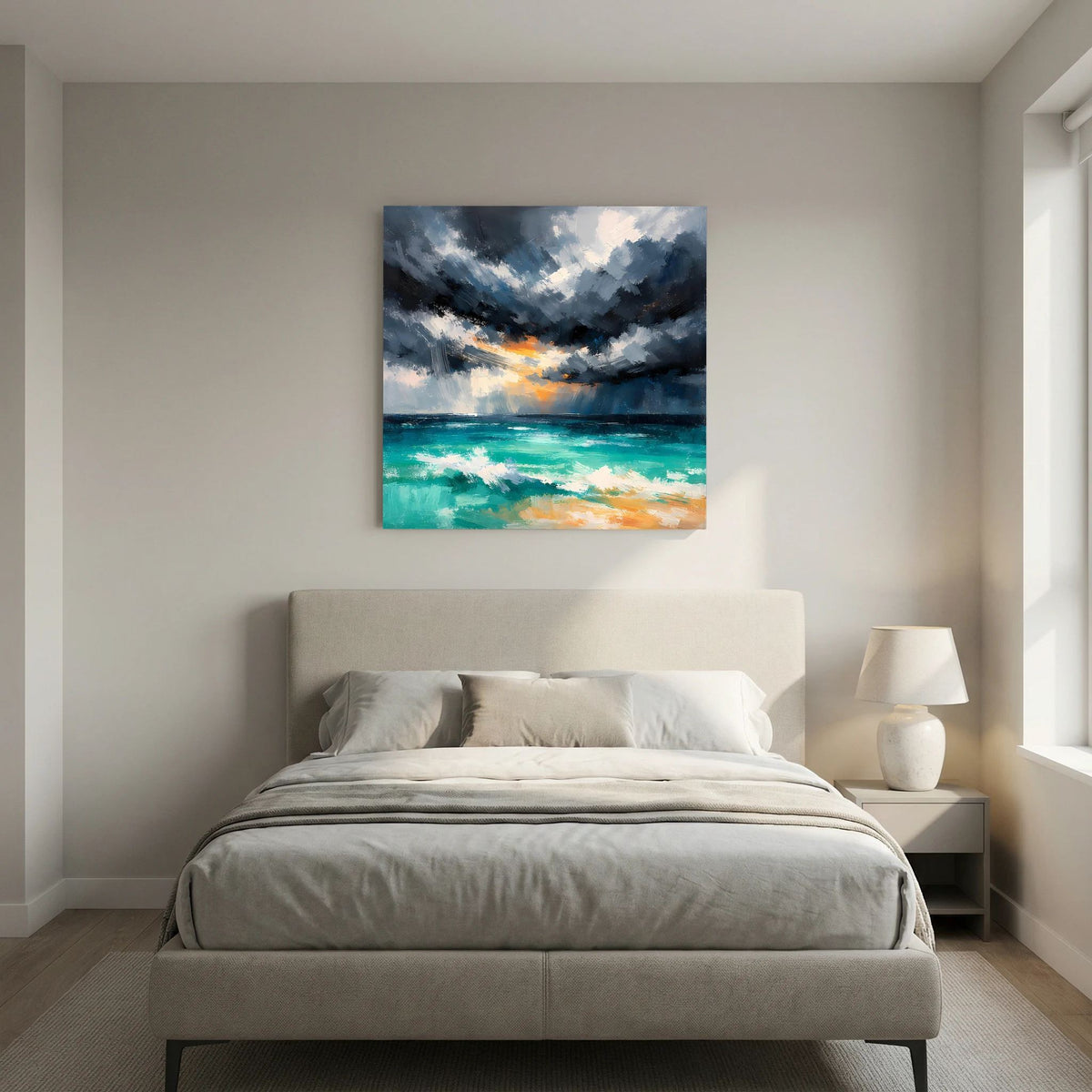 Leinwand-Wandbild mit Gewitterwolken über türkisfarbenem Meer, orange Akzentstreifen.