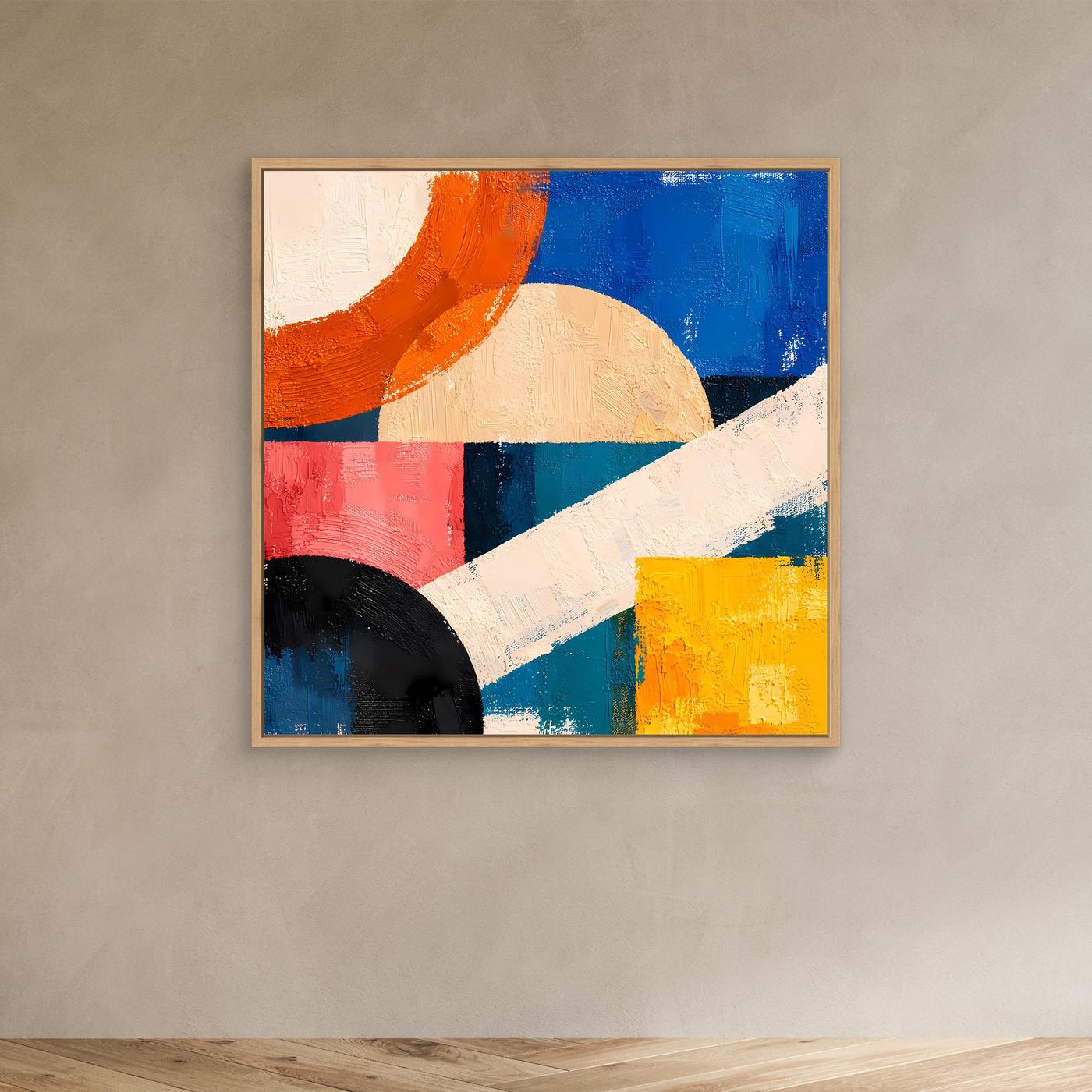 Canvas abstract geometric painting with light wood frame, diagonal white stripe, orange blue