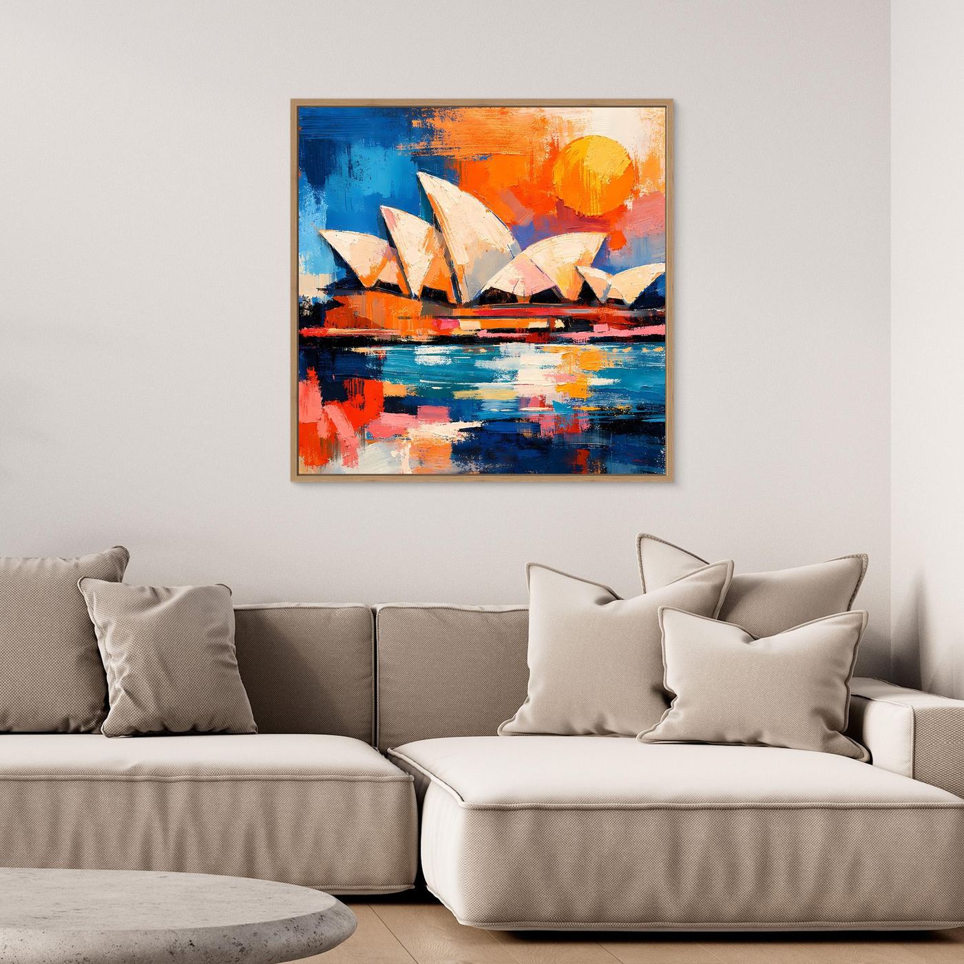 Abstract sailboat wall art with blue water and orange sky, thin wood frame