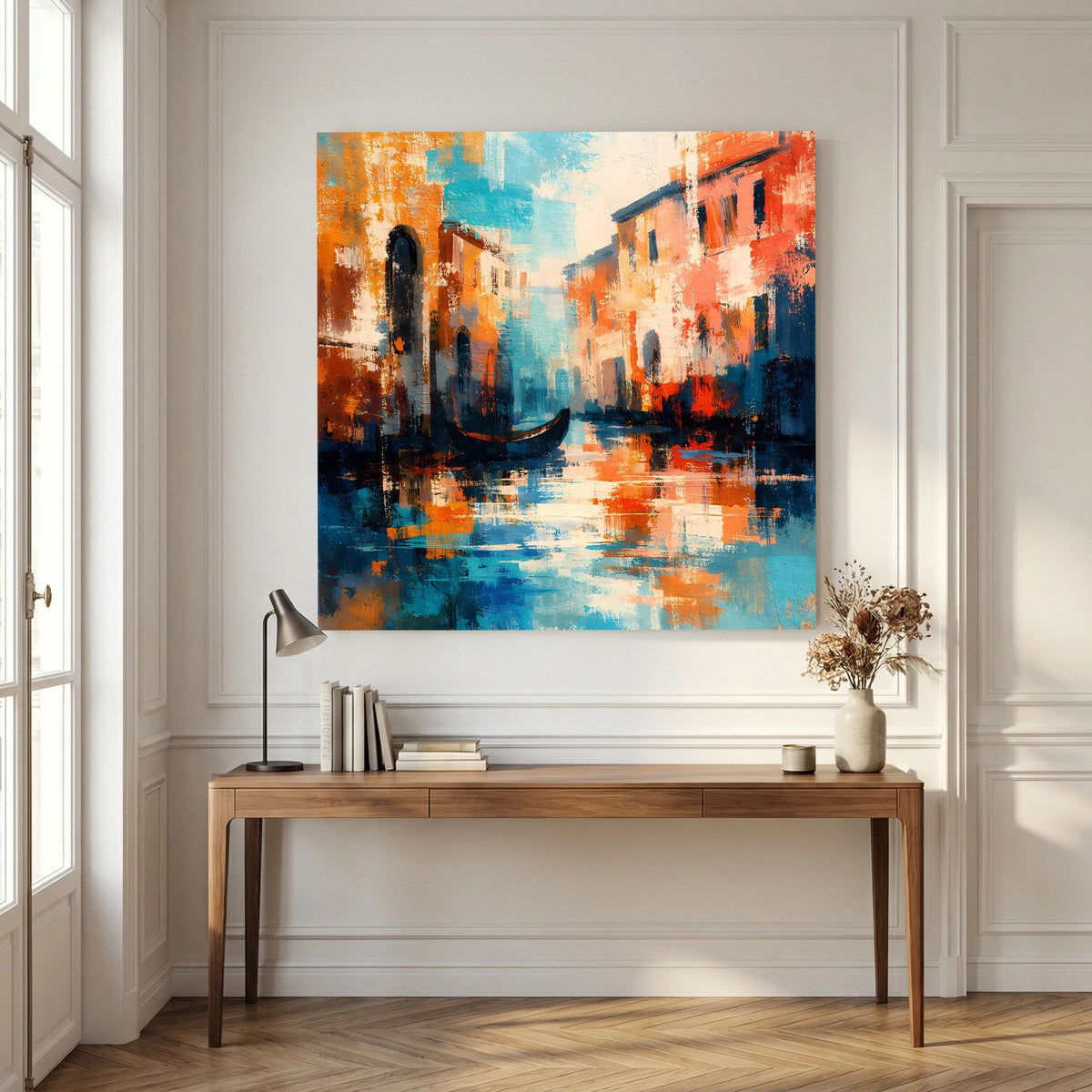 Abstraktes Leinwand-Wandbild mit Gondelmotiv, orange-blaues Licht und Wasserreflexe.