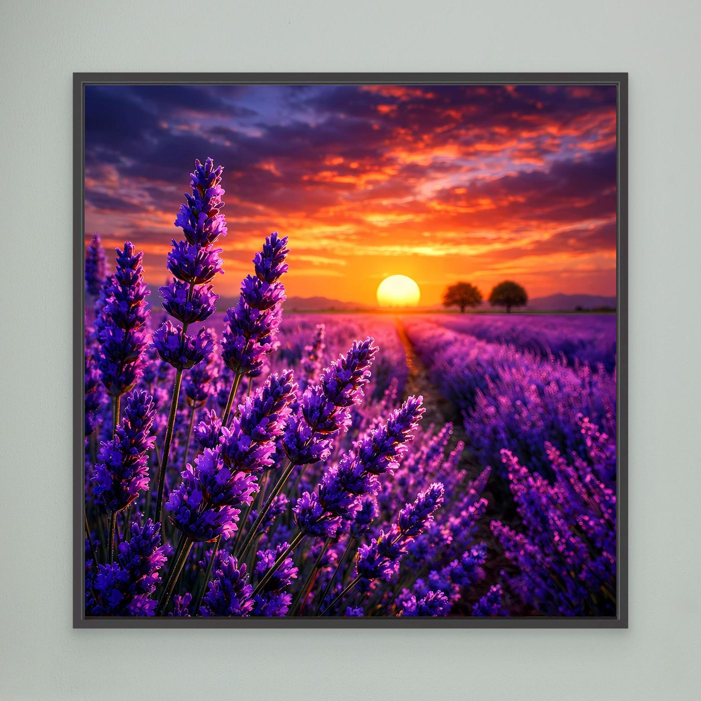 Gerahmtes Leinwand-Wandbild mit Lavendelfeld und Sonne im Sonnenuntergang, dunkler Rahmen.
