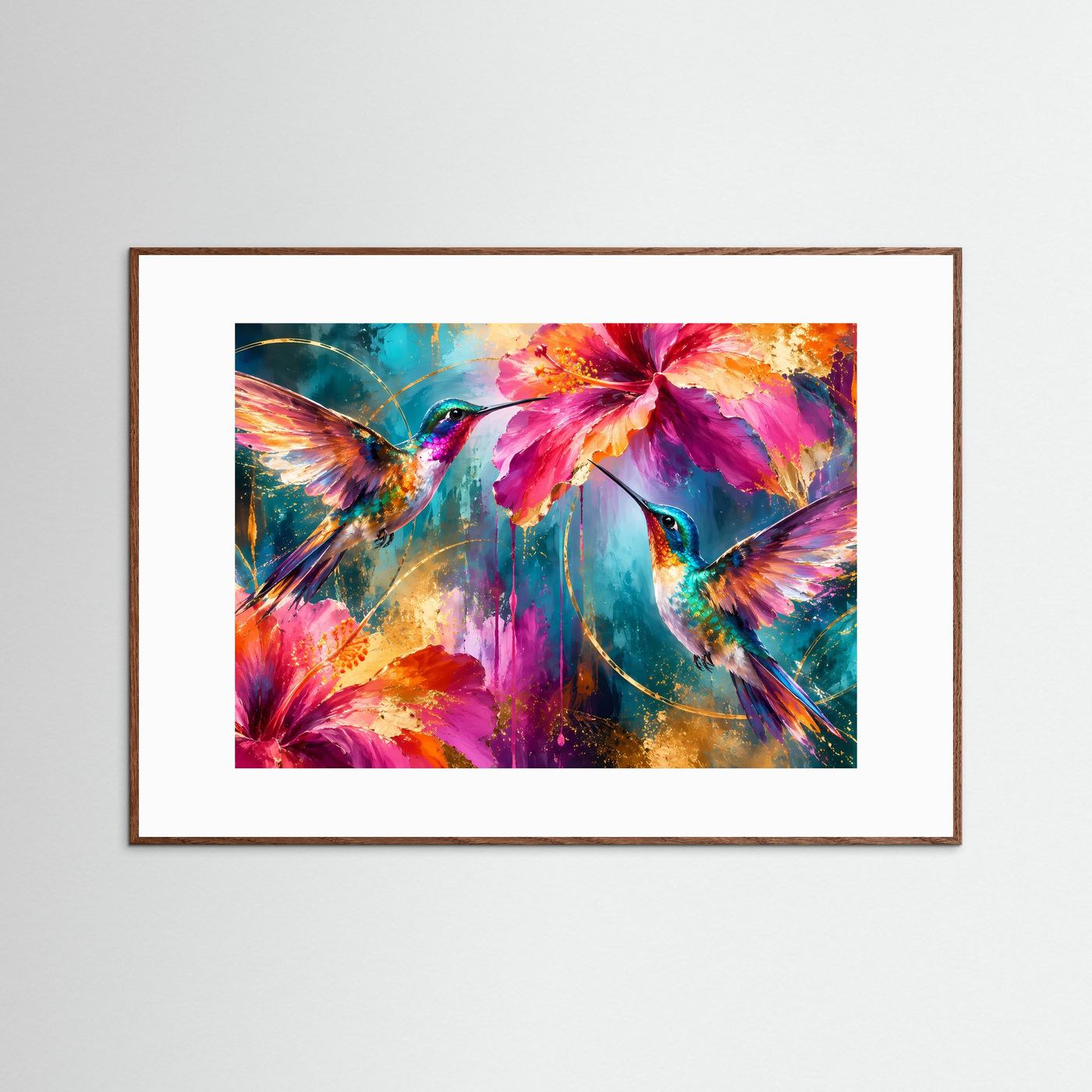Kolibris & Hibiskusblüten in Pink & Türkis | Modernes Blumen-Poster mit Goldakzenten