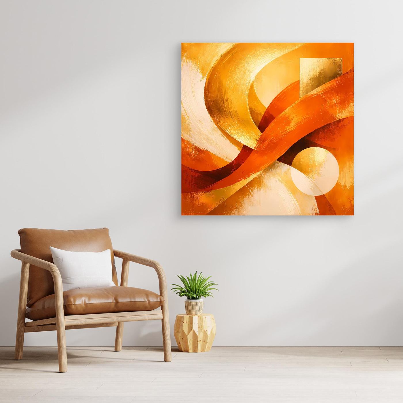 Quadratisches Leinwandbild mit goldenen Spiralen und warm-orangen Akzenten, orange gerahmt.