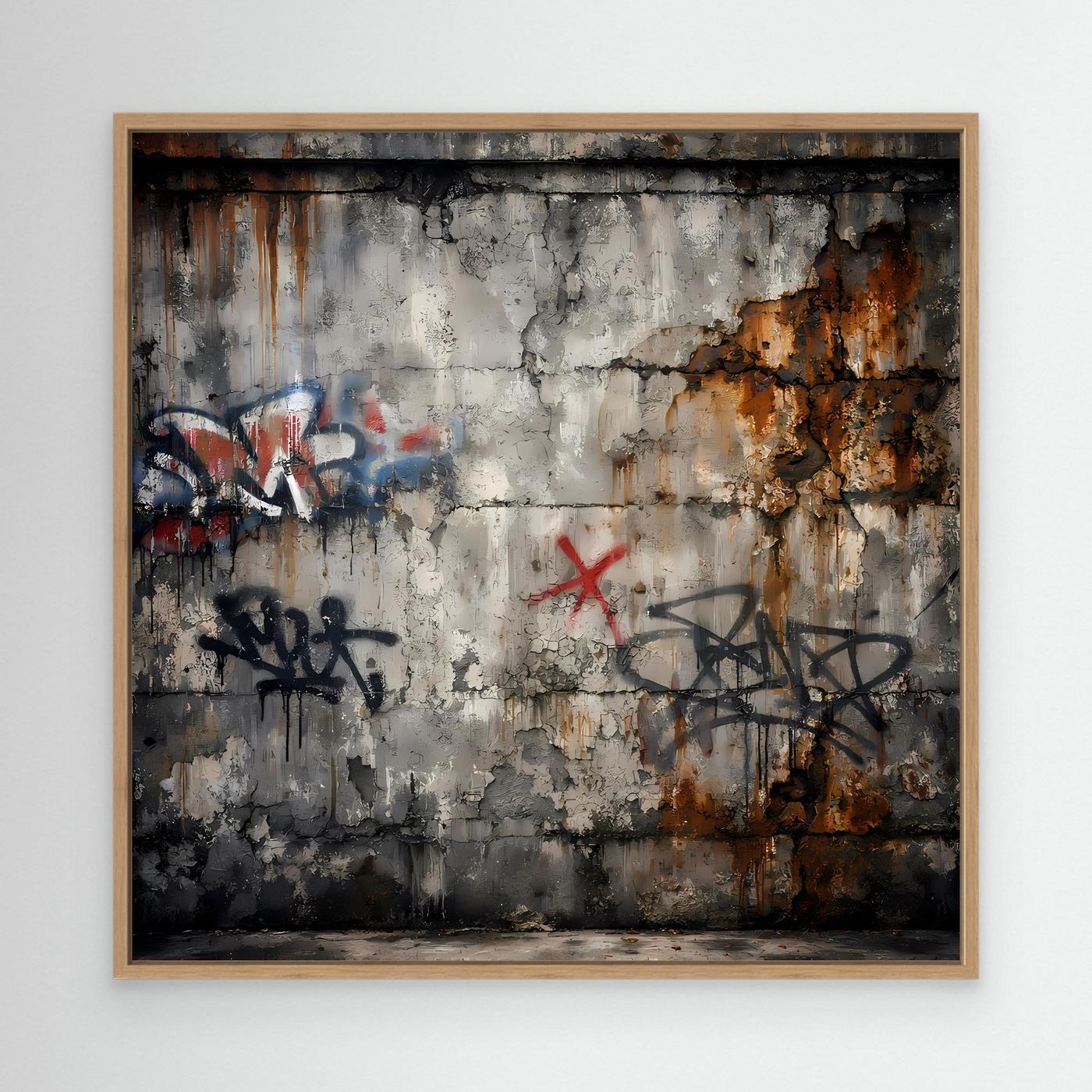 Leinwandbild mit Graffiti auf Betonwand im Eichenrahmen, grau mit rostbraunen Spritzern