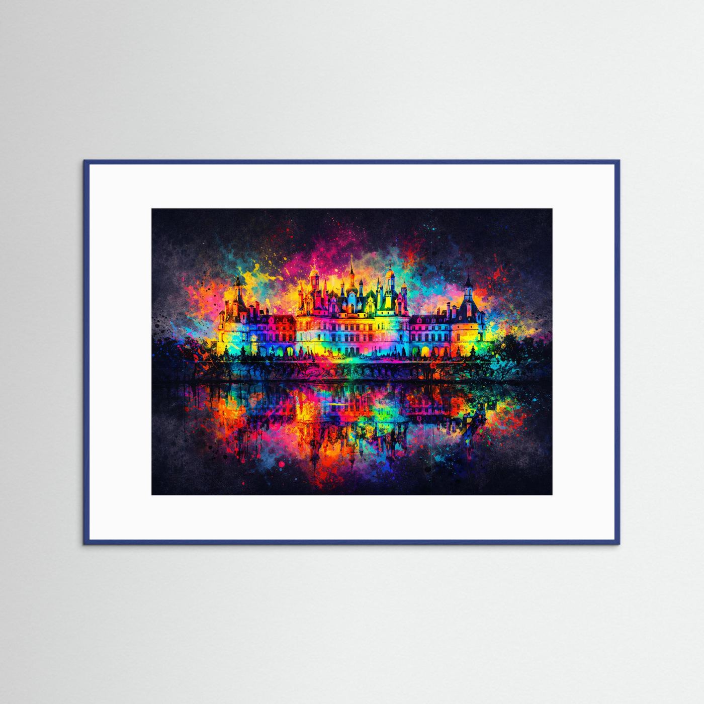 Prachtvolles Schloss mit Wasserspiegelung im Farbexplosion-Stil | Abstrakte Kunst Poster Querformat