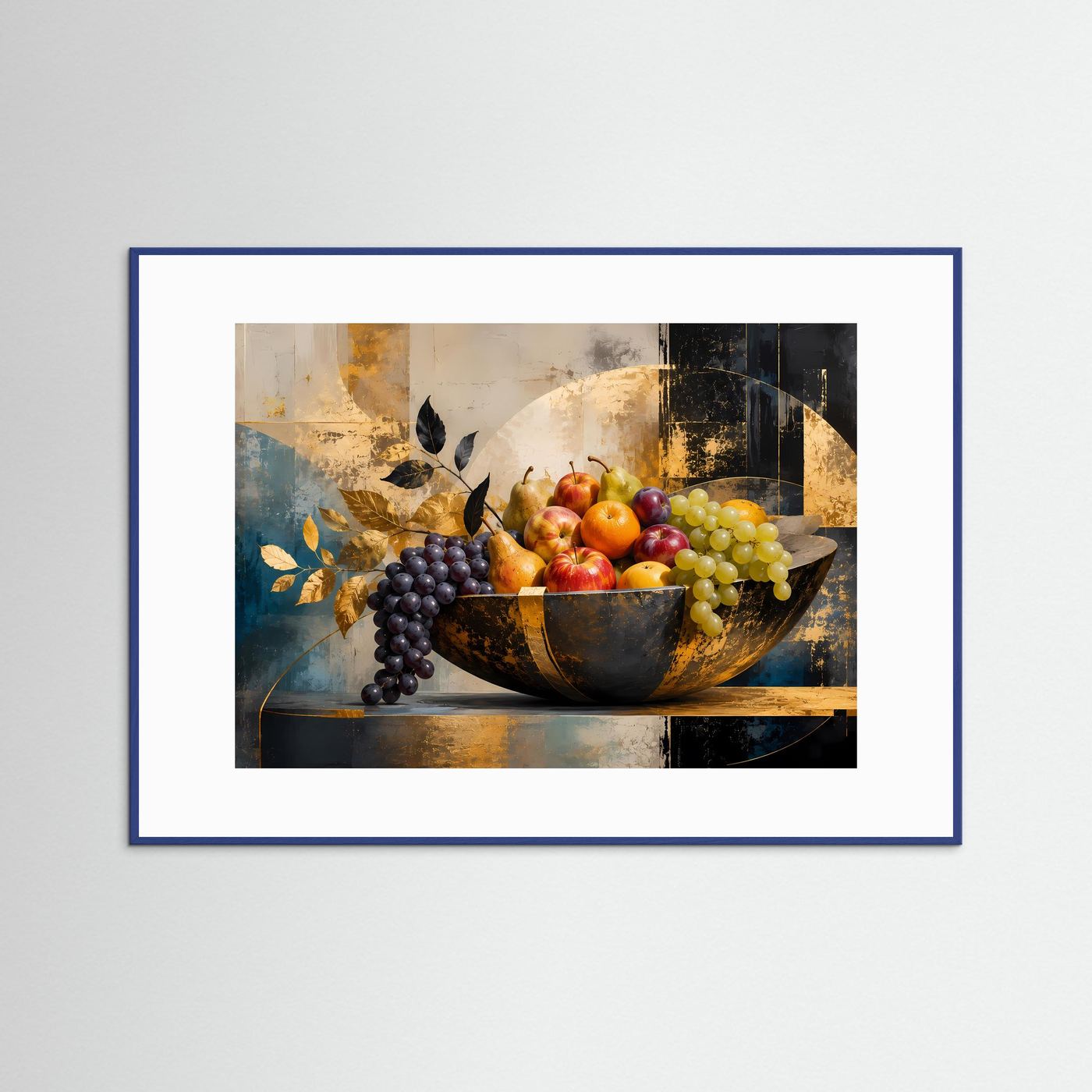 Obstschalen-Poster mit goldener Schale und buntem Obst, im blauen Rahmen