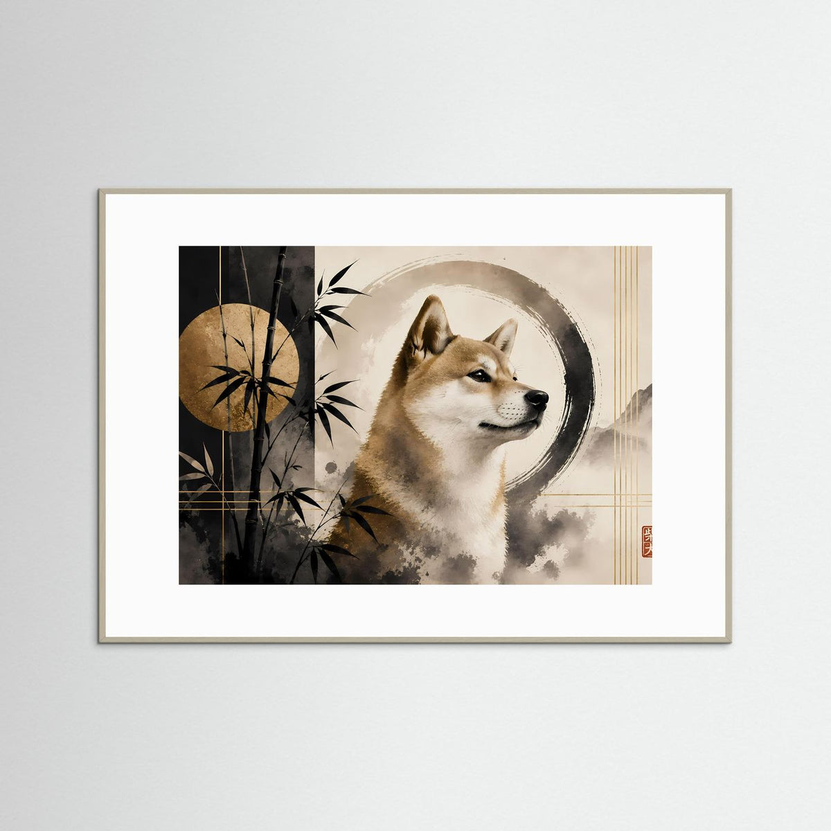Gerahmtes Poster im Querformat mit Shiba Inu, Bambus und Zen-Motiv, heller Rahmen