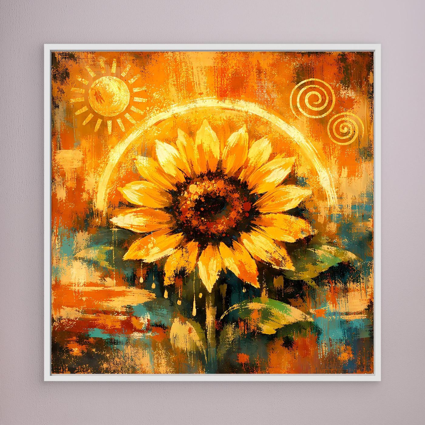 Wandbild mit abstrakter Sonnenblume in Goldtönen, mit weißem Rahmen