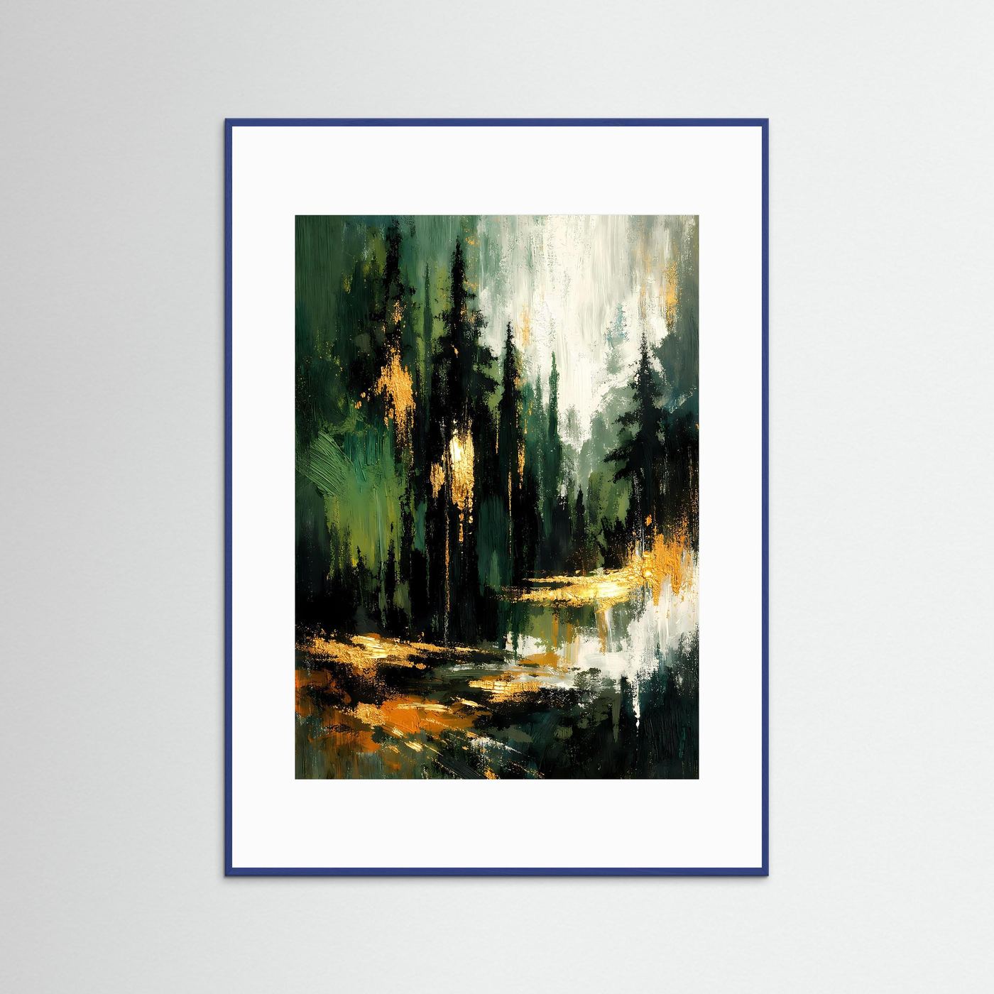 Abstraktes Tannenwald-Poster im blauen Holzrahmen, mit goldenen Lichtspuren