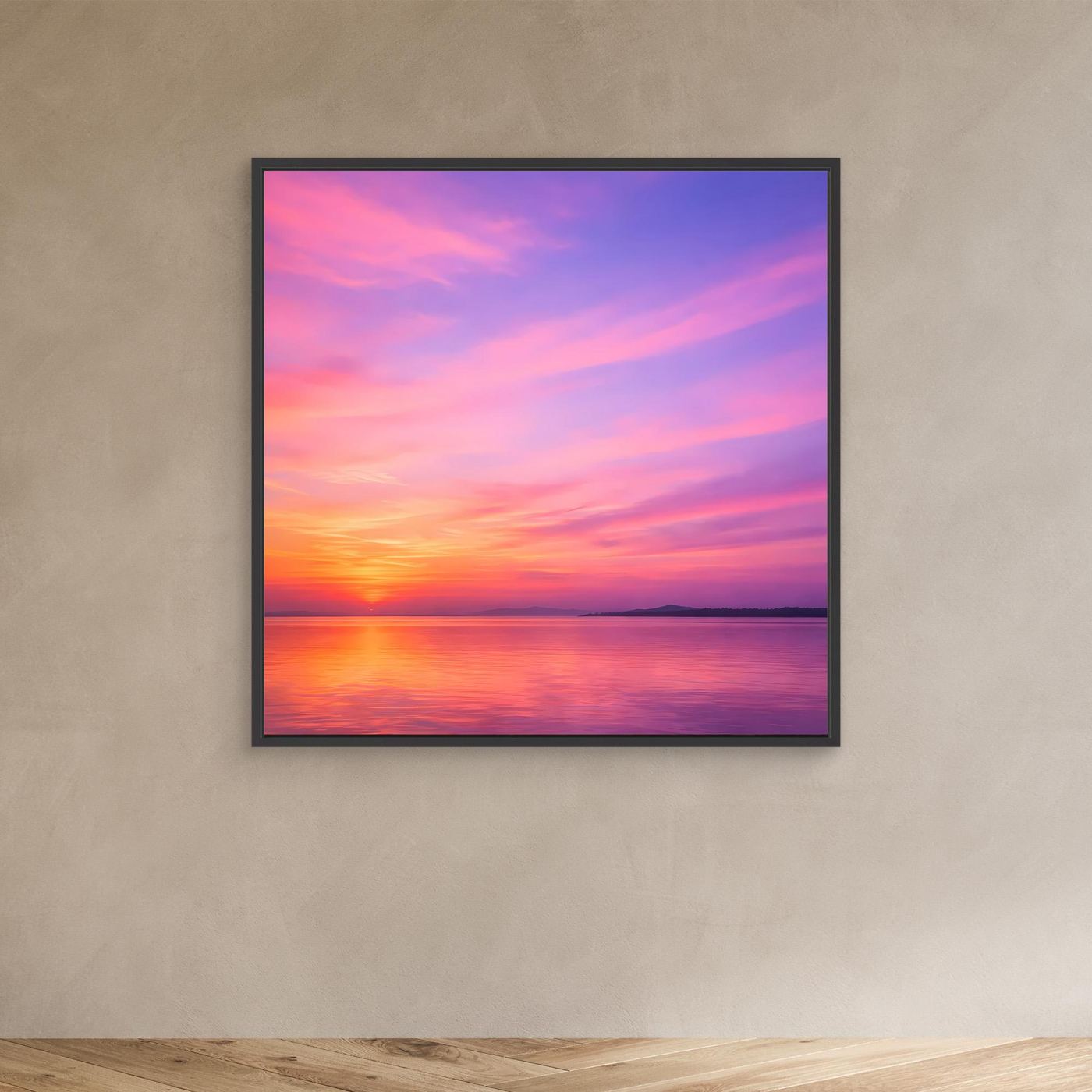 Leinwandbild „Pastel Sunset“ mit schwarzem Rahmen, Pastell-Sonnenuntergang mit Spiegelungen im Wasser.