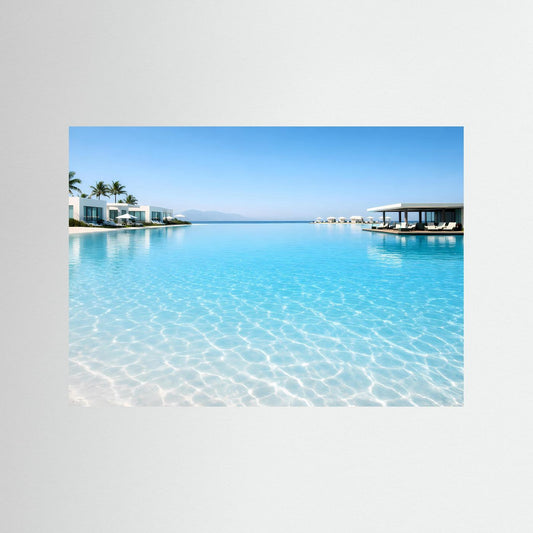 Panorama-Poster mit türkisfarbenem Wasser, Poolsteg und weißen Resortgebäuden