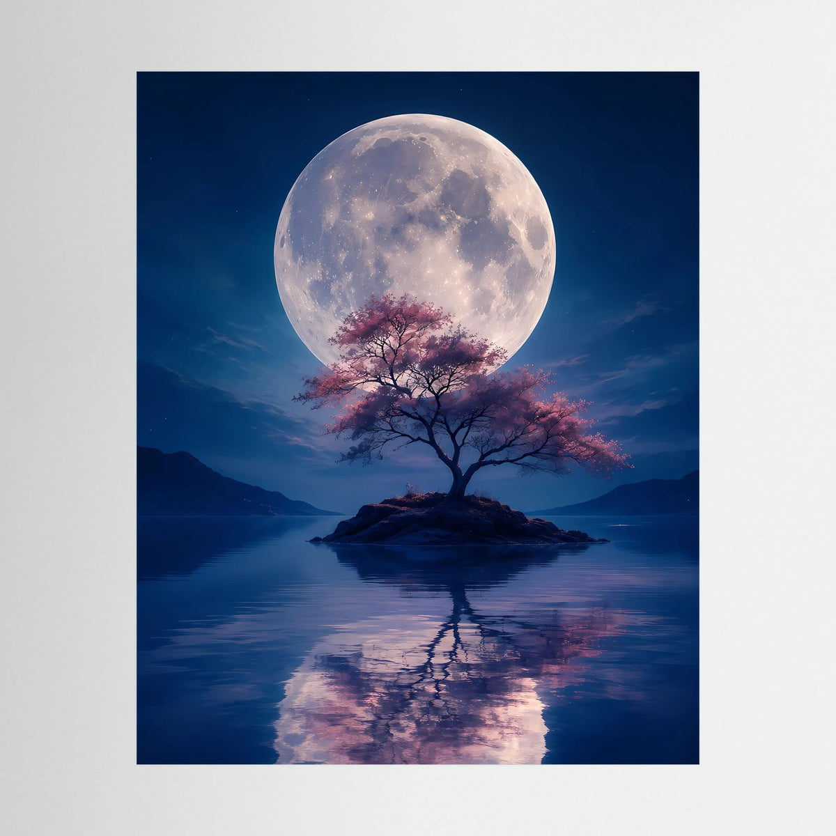 Hochformat-Poster: Vollmond, einsamer Baum mit rosa Blüten, Spiegelung im See