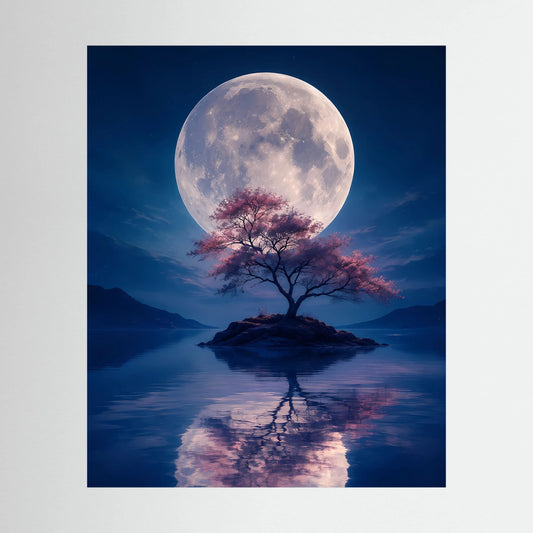 Hochformat-Poster: Vollmond, einsamer Baum mit rosa Blüten, Spiegelung im See