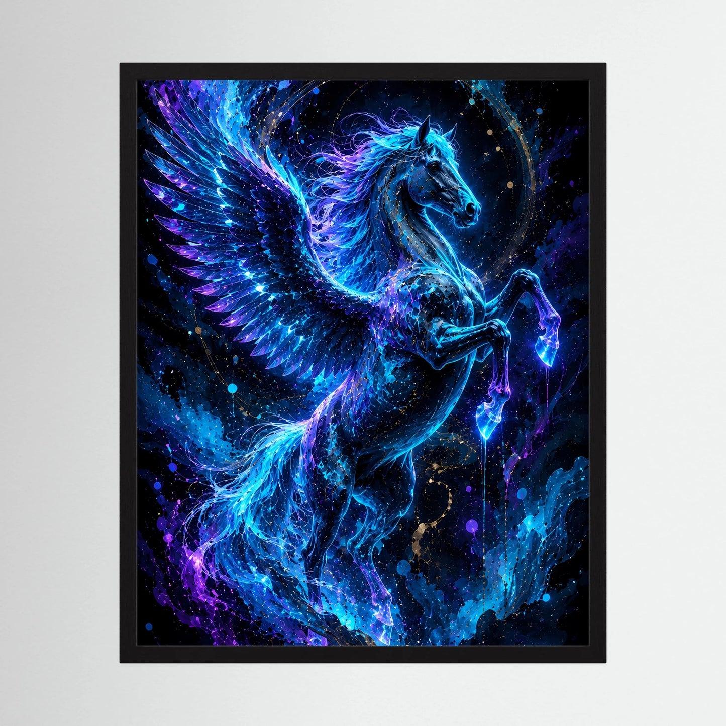 Pegasus-Poster im Hochformat mit blauem Lichtflügel-Design, schwarzer Rahmen