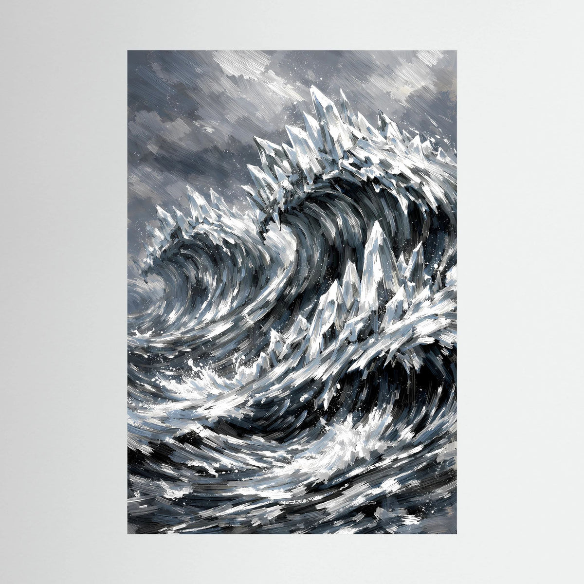 Hochformat-Poster mit abstraktem Wellensturm in Schwarzweiß, kräftige Kontraste