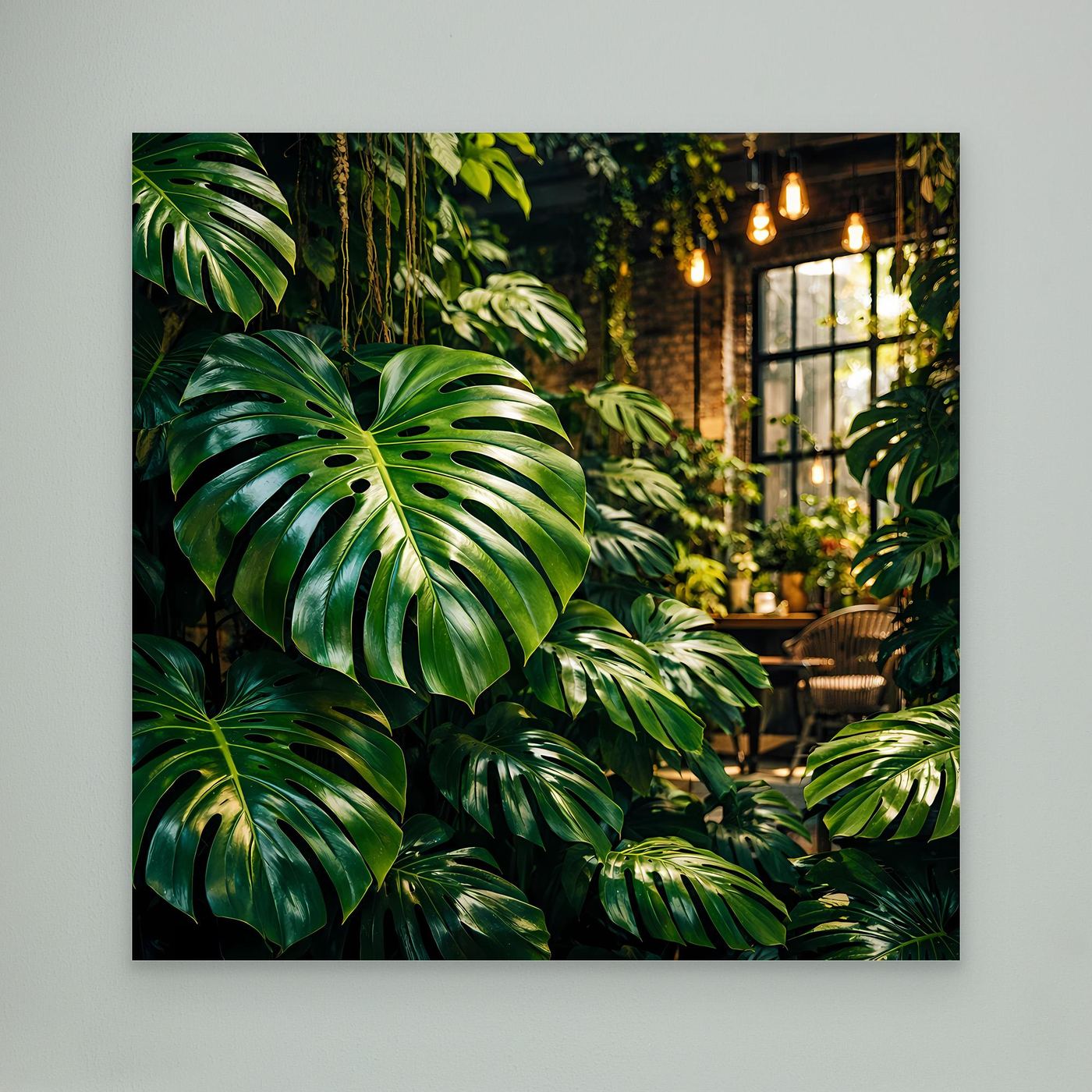 Leinwandbild mit grünen Monstera- und Dschungelblättern, warmes Licht