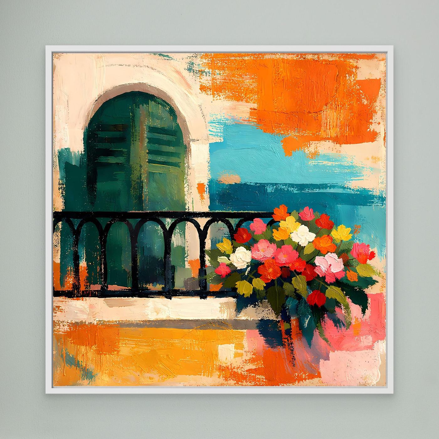 Framed Mediterranean balcony wall art with arched window and colorful flower bouquet, white border