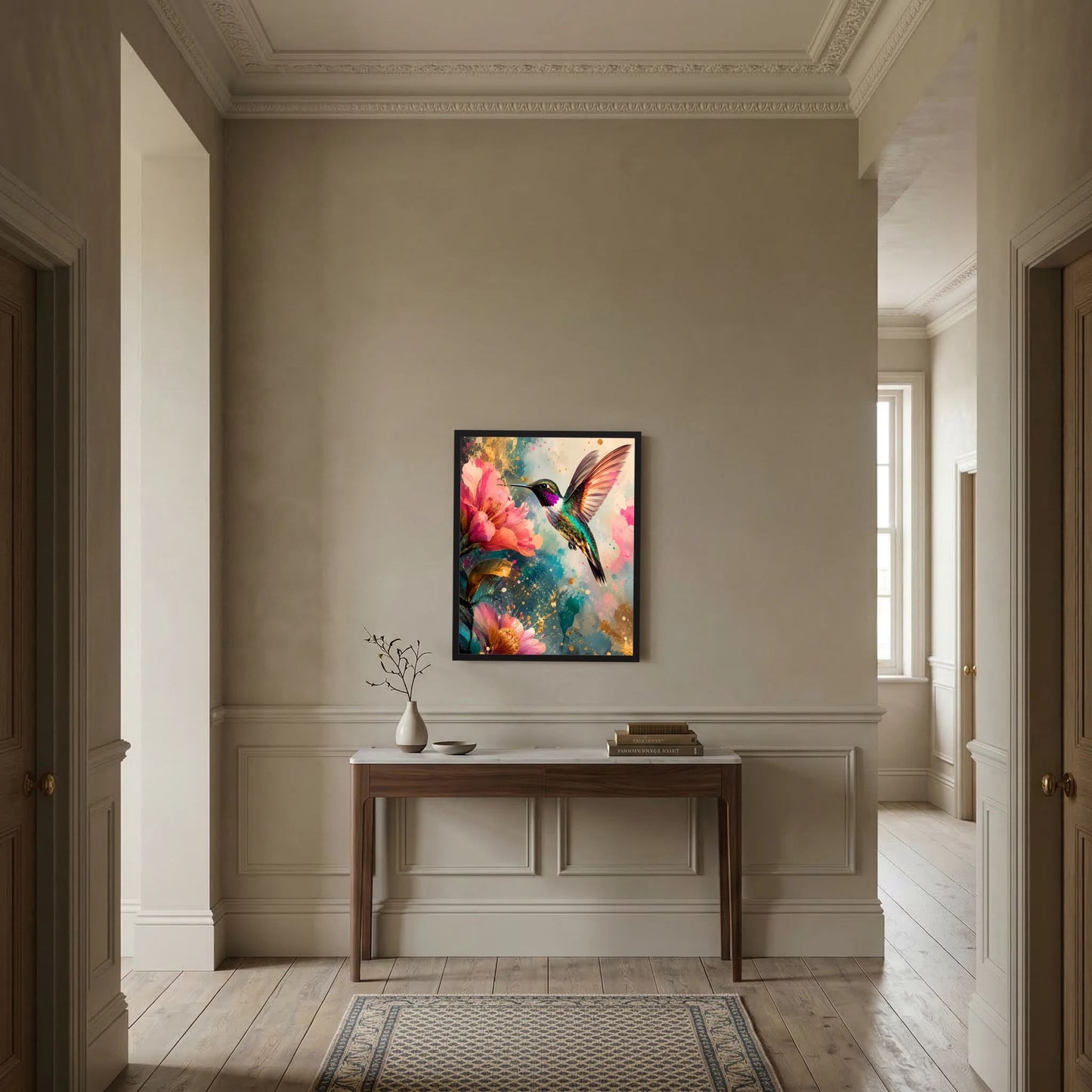 Gerahmtes Hochformat-Kunstposter mit Kolibri-Motiv, umgeben von bunten Blüten