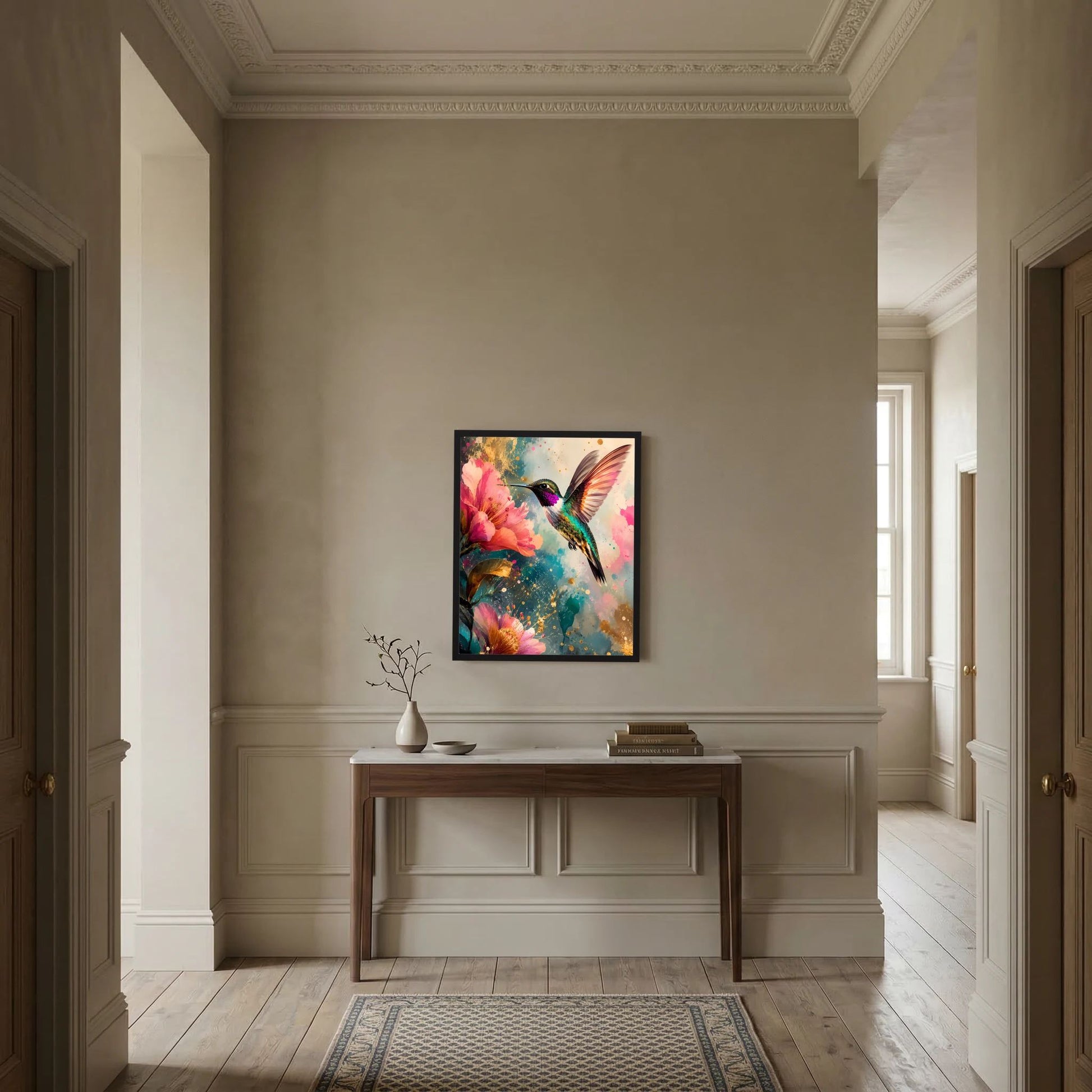 Gerahmtes Hochformat-Kunstposter mit Kolibri-Motiv, umgeben von bunten Blüten