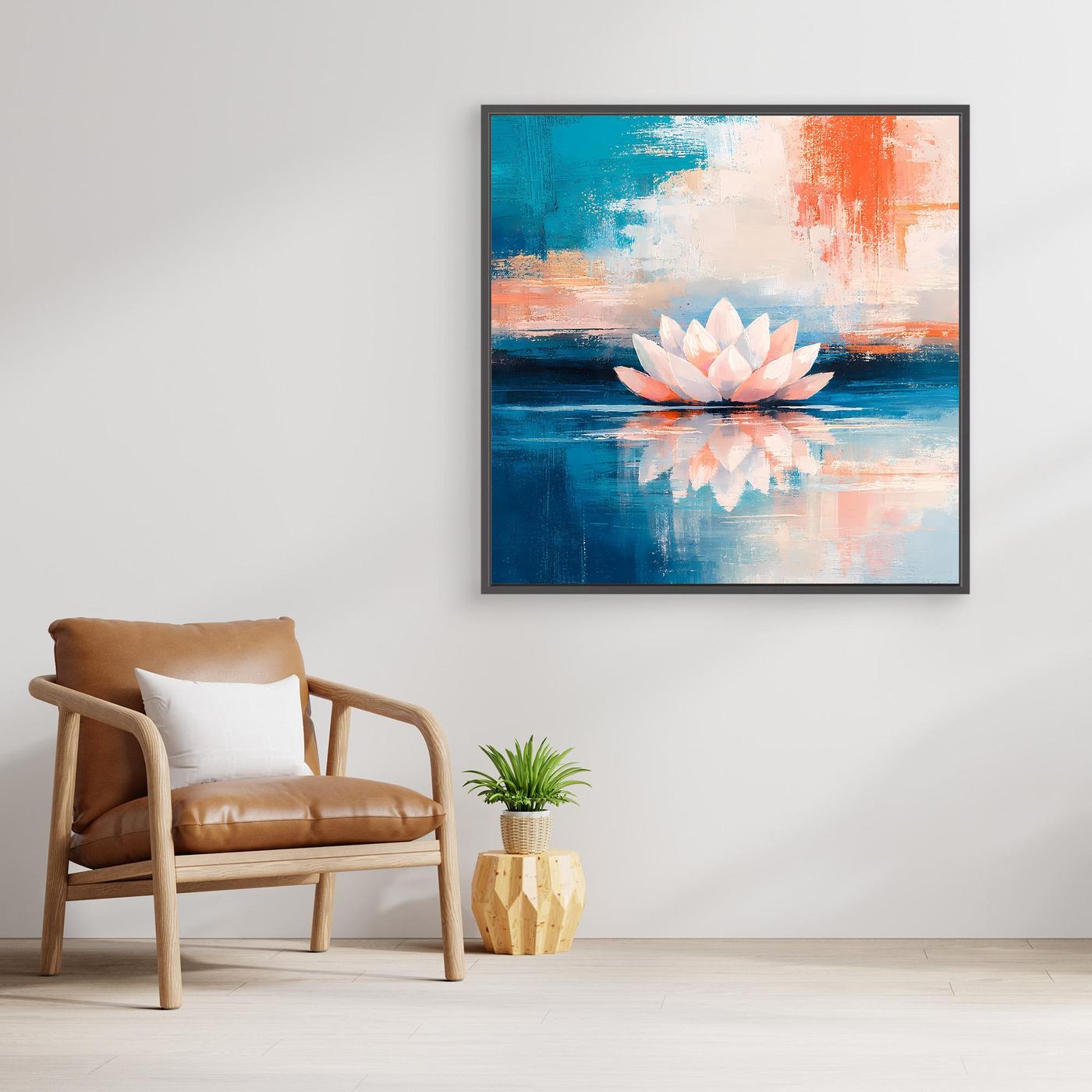 Leinwand Abstrakte Lotusblüte auf dem Wasser | Modernes Seerosen Wandbild Blau Orange
