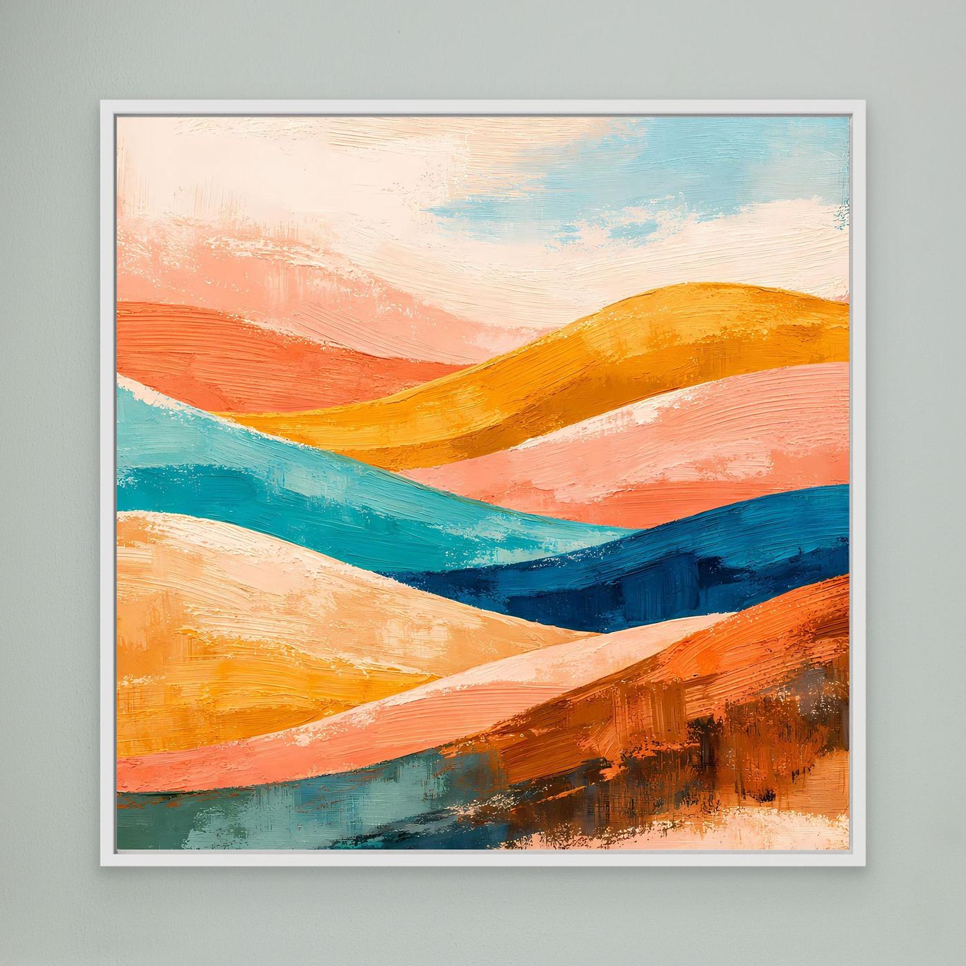 Abstract landscape wall art with orange, teal, and blue rolling waves, white frame