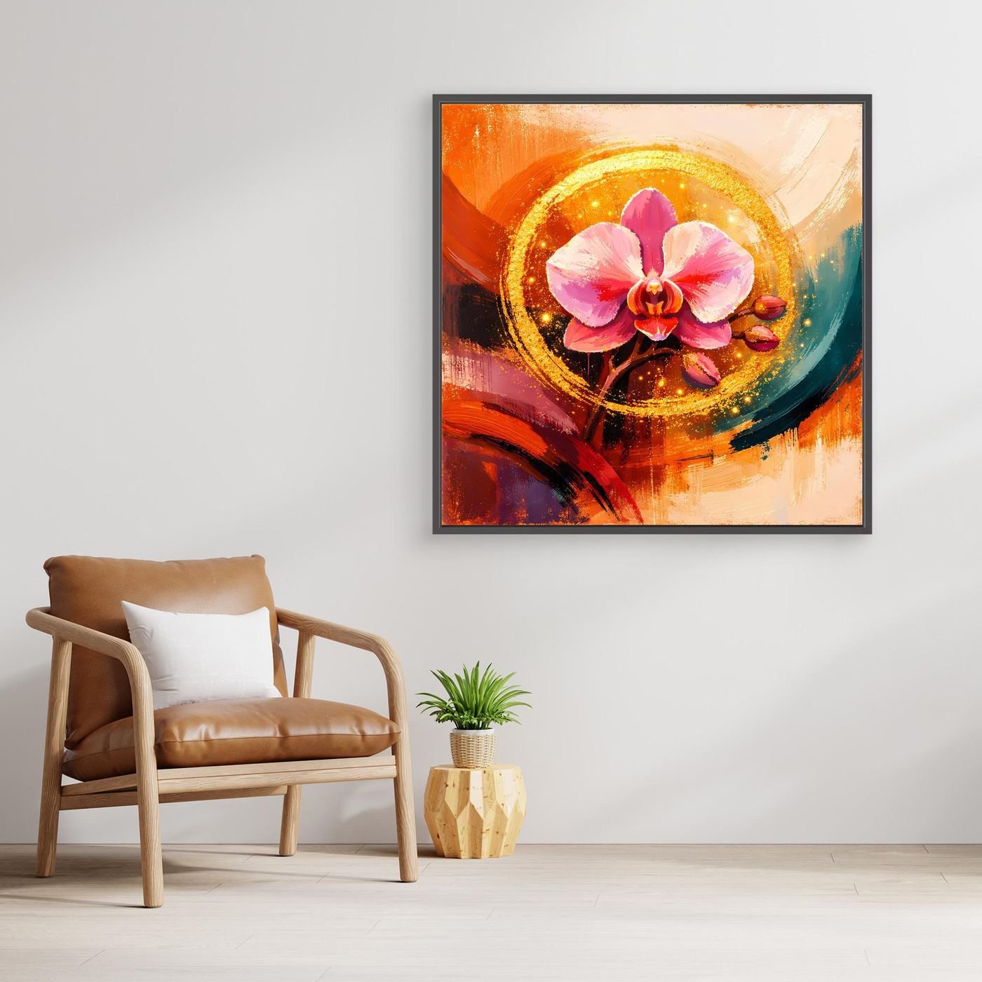 Florales Leinwandbild mit rosa Orchidee und goldener Kreisform, abstrakt, mit goldfarbenem Rahmen