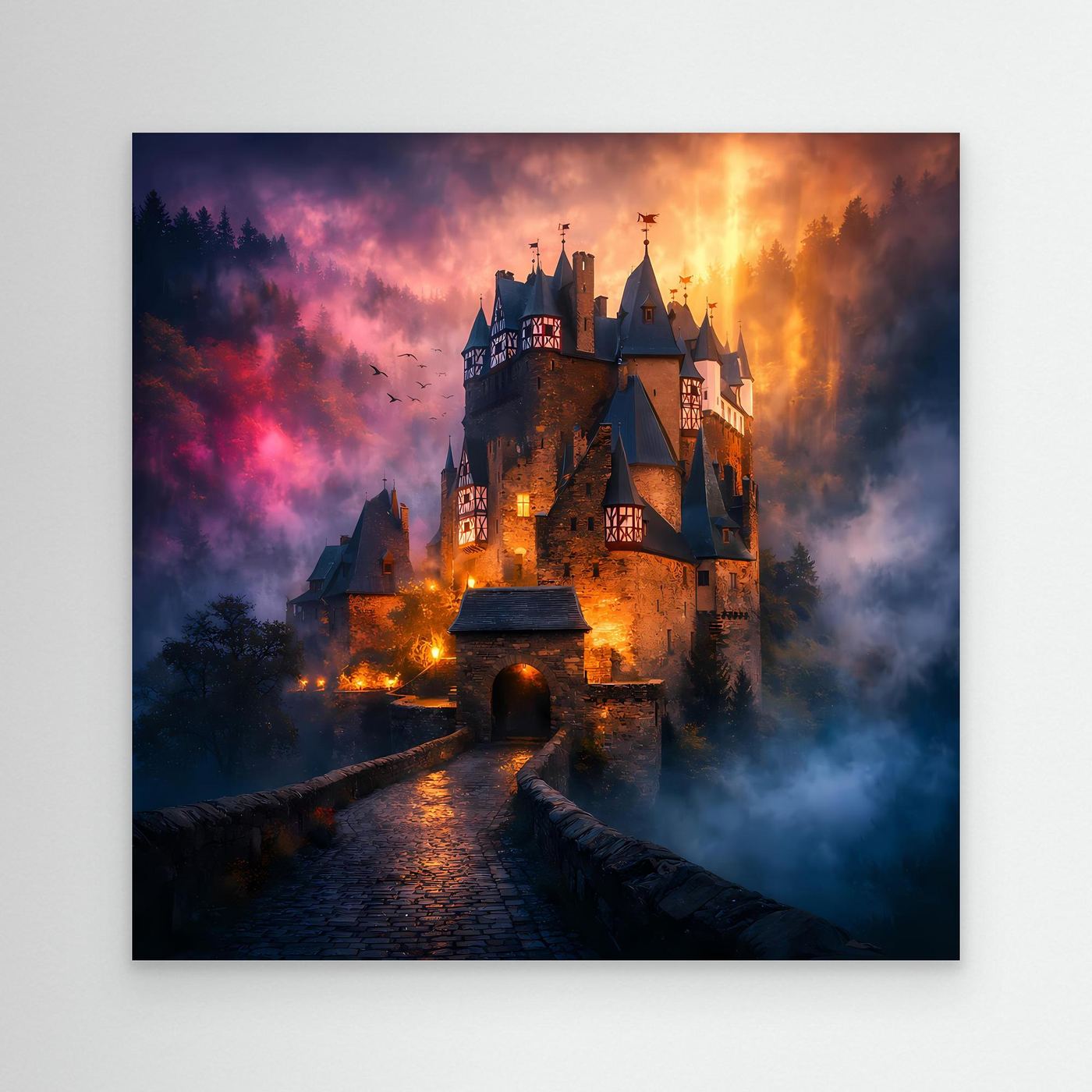 Leinwand Mystische Ritterburg im Nebel | Abstraktes Märchenschloss Wandbild