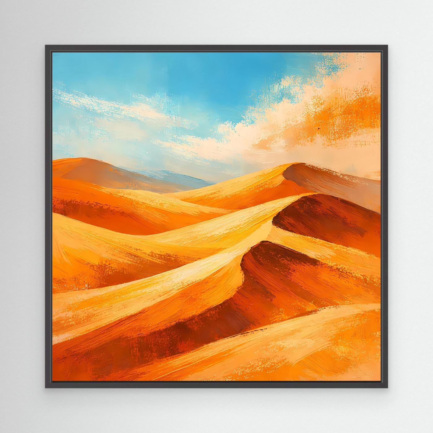 Abstract canvas wall art with blue sky and orange dunes, black frame