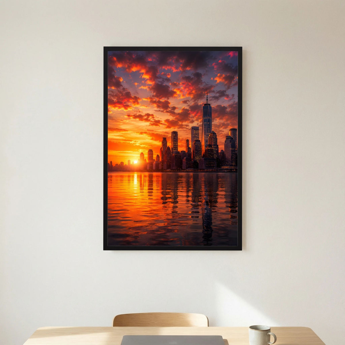 Stadtposter im Hochformat mit Skyline bei Sonnenuntergang, schwarzer Rahmen