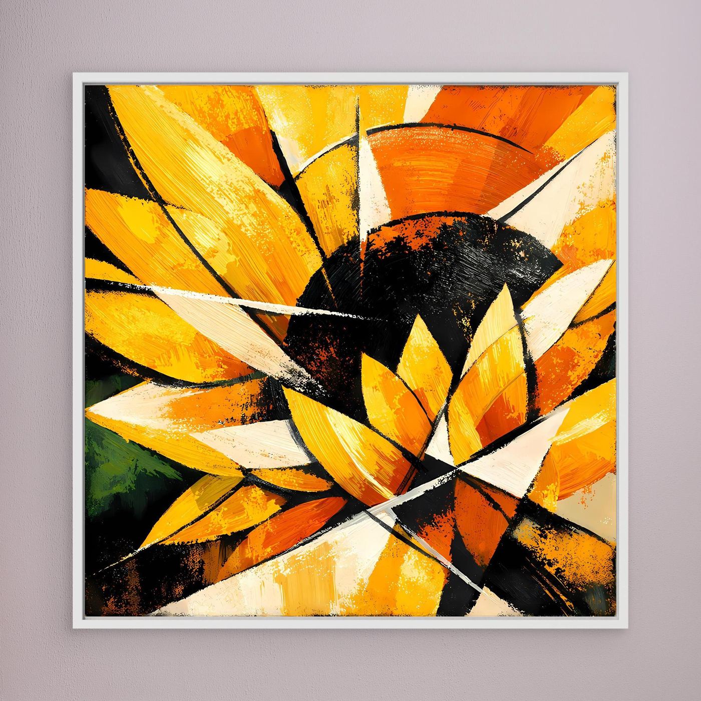 Leinwandbild abstrakte Sonnenblume mit gelb-orangenen Blüten und schwarzem Zentrum, weiß gerahmt